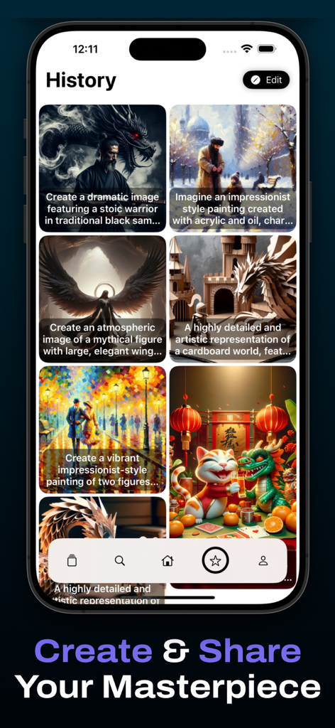 AI Art Generator-Image Creator - Pantalla de historial de la aplicación Generador de Arte IA que muestra diversas imágenes generadas con sus indicaciones creativas