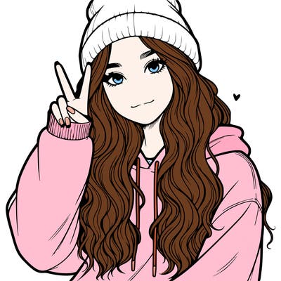 a teenage girl in a beanie, oversized sweatshirt, wavy long hair, and is showing a ✌️