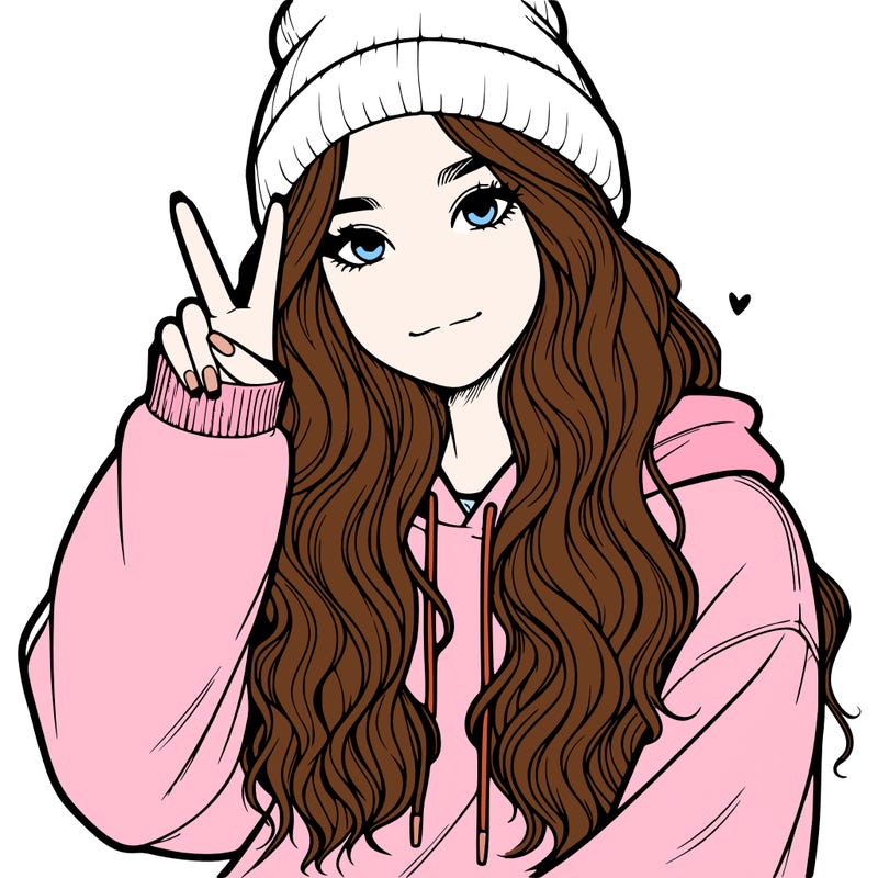 a teenage girl in a beanie, oversized sweatshirt, wavy long hair, and is showing a ✌️