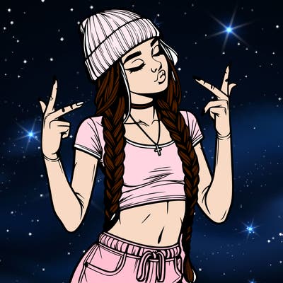 realistic teenage girl with braids and a beanie and crop top doing 🫶🏼