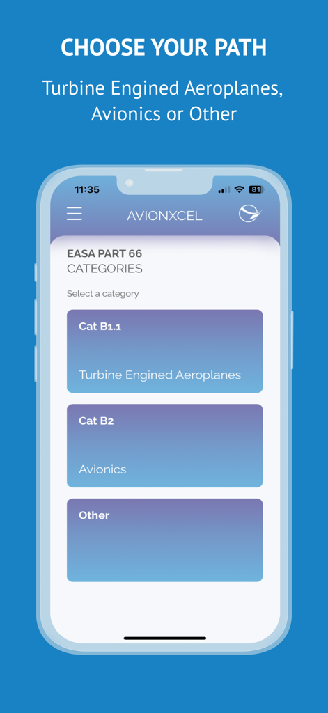 Écran de sélection des catégories de licence EASA Part 66, y compris les aéronefs à turboréacteurs B1.1 et l'avionique B2