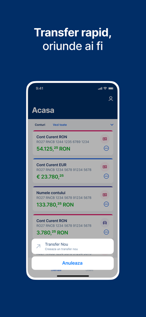 George Business Romania - Tableau de bord mobile de George Business Roumanie montrant plusieurs comptes en devises et un nouveau menu de virement