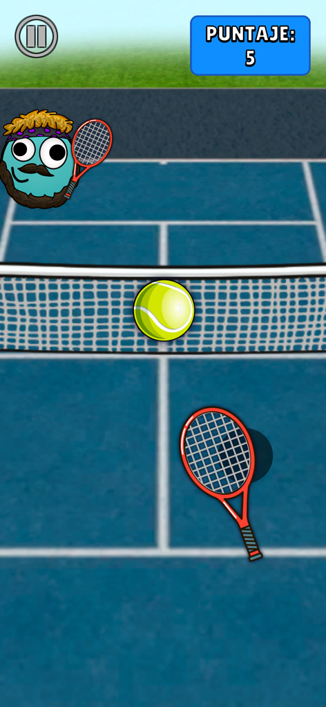 Um minijogo de tênis no aplicativo Benja Calero DOU com o personagem principal em uma quadra azul com raquete e bola de tênis.