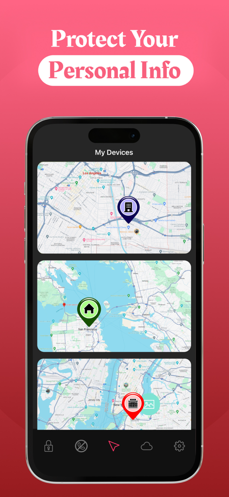 Mobile Security & AntiVirus. - Uno schermo iPhone che mostra la funzione I Miei Dispositivi che traccia più dispositivi connessi su mappe cittadine per la protezione anti-furto.