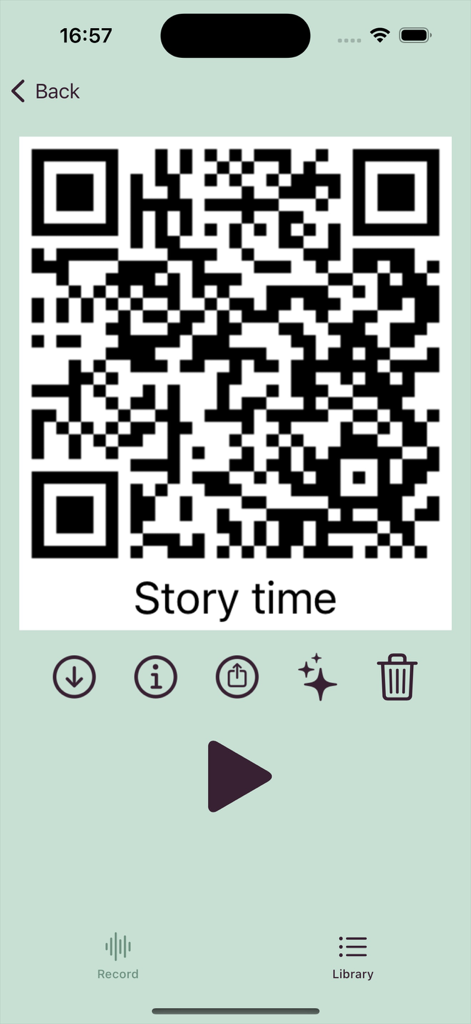 Chirp.QR - Mobile screen showing a generated QR code labeled Story time with a play button and sharing options in the Chirp.QR app