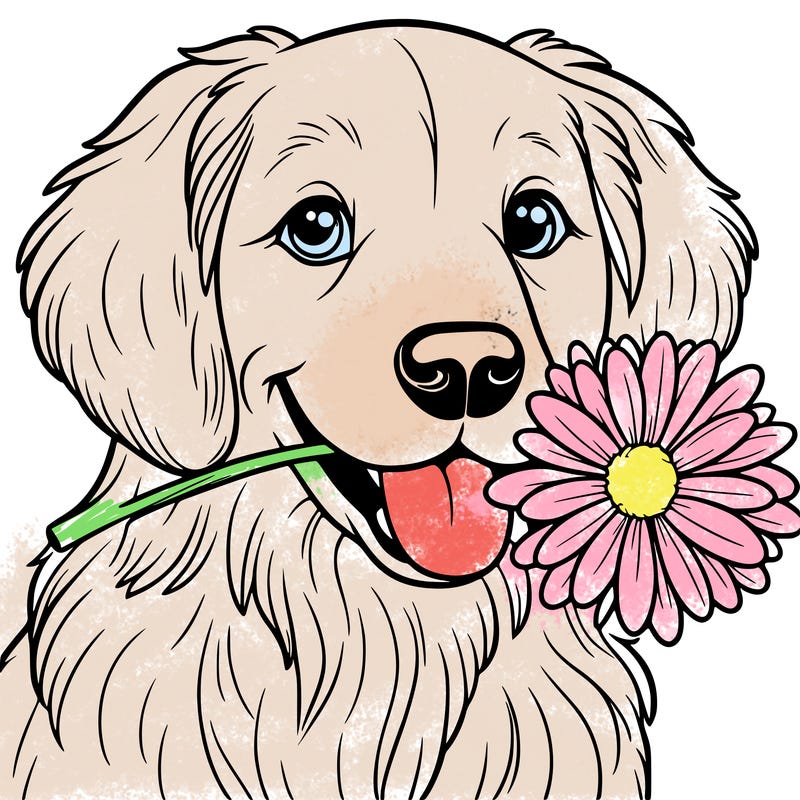 a golden retriever with a daisy in his mouth