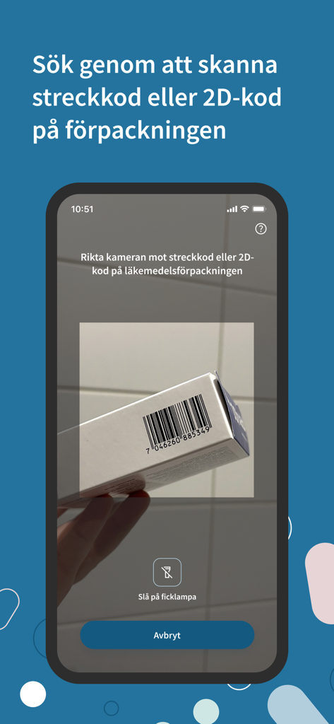 Fass Vård - A smartphone using the Fass Vard app to scan a barcode on a medicine package for pharmaceutical information.