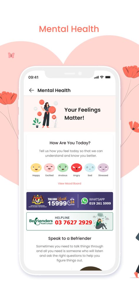 기분 추적기와 긴급 지원 핫라인이 포함된 BookDoc 앱 정신 건강 인터페이스