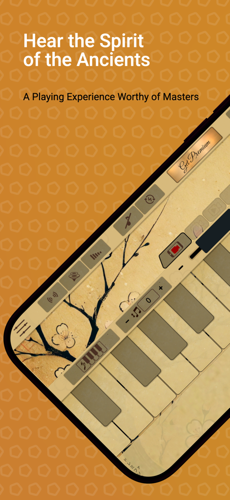 Shakuhachi Sim - Shakuhachi Sim app interface showing a virtual keyboard with traditional Japanese floral artwork