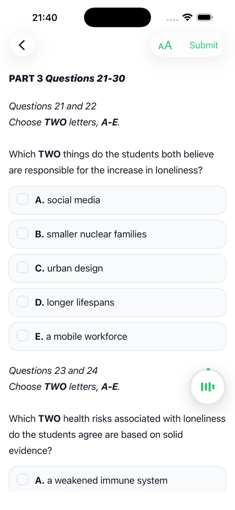 IELTS Practice | Test | Ace - Una captura de pantalla de la aplicación IELTS Practice que muestra una pregunta de opción múltiple en la sección de escucha para la preparación del examen