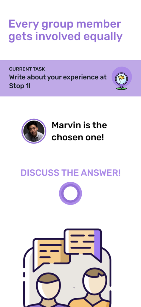Deckle: Event games - Deckle app interface showing a group member selected for an interactive task