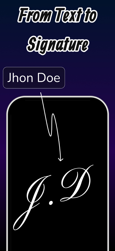 Aplicación de IA transformando el texto escrito Jhon Doe en una elegante firma cursiva JD