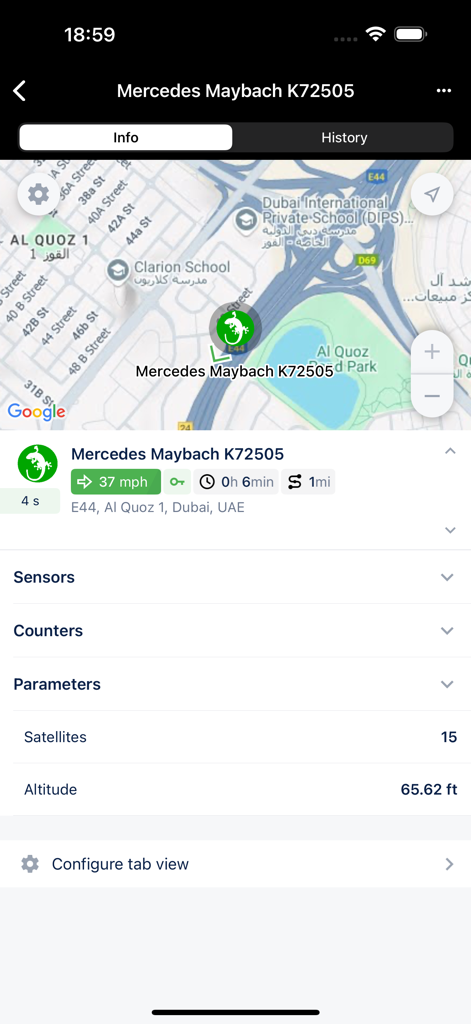 GeckoTrack app interface showing real time vehicle location on a map with speed and sensor data