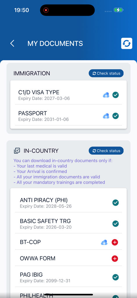 TMHub - Pantalla Mis Documentos de TMHub que muestra el estado de la visa y la capacitación de seguridad