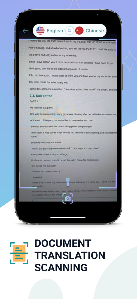 Nice Translate - Translator - A smartphone displaying the document translation scanning feature of the Nice Translate app for English to Chinese.