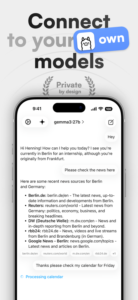 Eron - Écran de smartphone montrant l'interface de chat de l'application Eron avec connexion à un modèle d'IA privé et intégration du calendrier local
