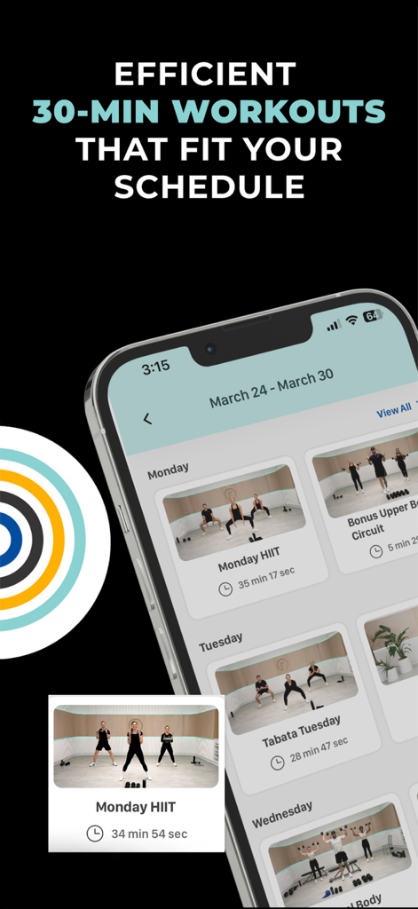 FASTer Way to Fat Loss - Interfaz de la aplicación FASTer Way que muestra una variedad de videos de entrenamiento de 30 minutos para un horario semanal.