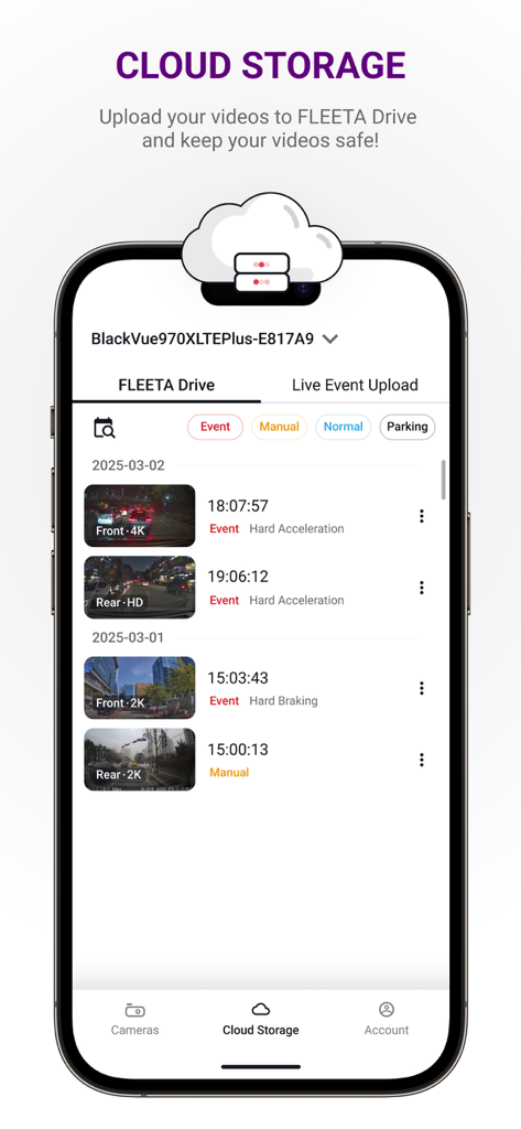 FLEETA App-Oberfläche mit aufgezeichneten Dashcam-Fahrereignissen im Cloud-Speicher