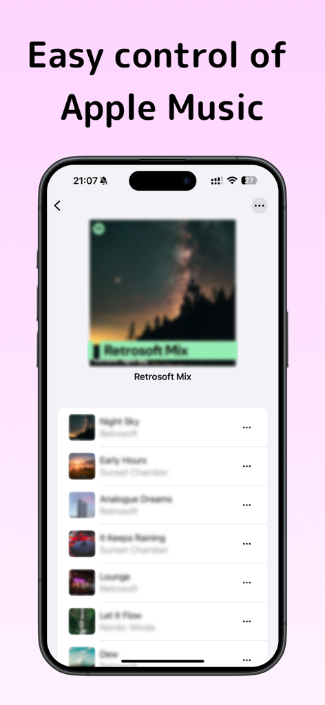 TuneMySong app screen displaying a music playlist on an iPhone with the text Easy control of Apple Music