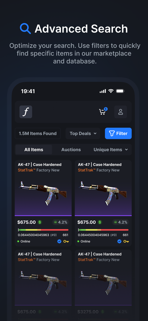 CSFloat - Interfaz de la aplicación móvil de CSFloat mostrando la función de búsqueda avanzada y listados de precios para skins de armas de Counter Strike 2