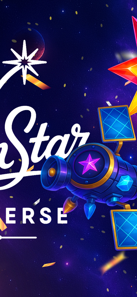 WinStar Universe - A stylized blue and purple satellite with solar panels floating in a starry cosmic space environment with the game title WinStar Universe.