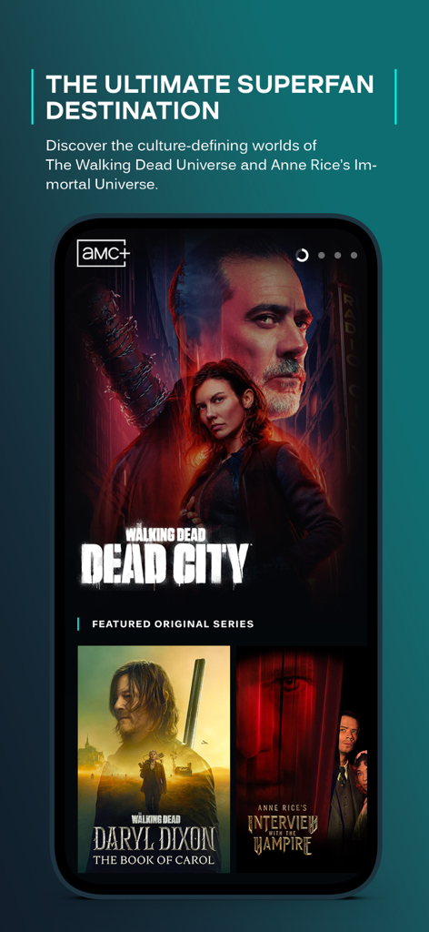 Interface de l'application mobile AMC plus présentant des séries originales comme The Walking Dead et Interview avec un vampire.