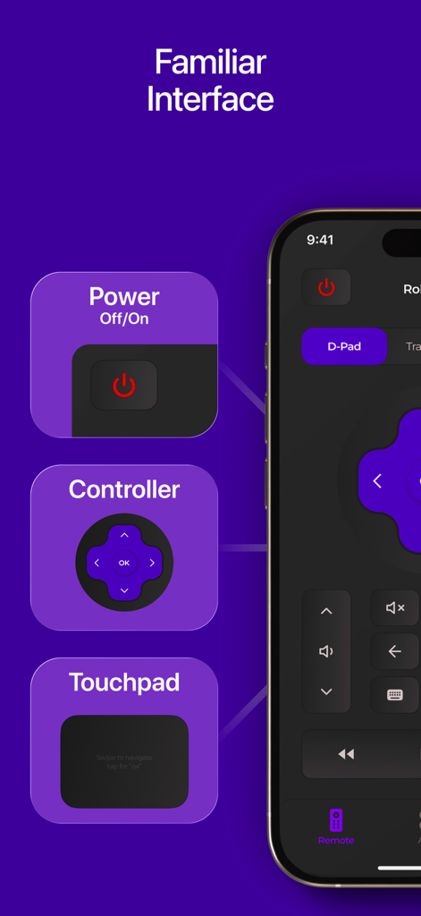 Roku・TV Remote Control - Roku TV remote app interface highlighting power control dpad and touchpad navigation on an iPhone