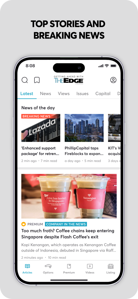 Interface of The Edge Singapore app displaying top stories and breaking news about markets and investments