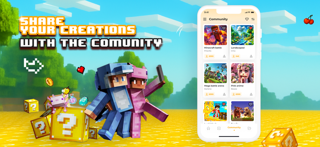 Lucky Block for Minecraft - Minecraft characters posing next to a phone screen showing shared community creations