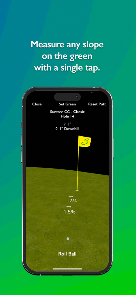 Slopegraide - Slopegraideモバイルアプリインターフェース。ゴルフパットの3D ARグリーン傾斜測定値と距離が表示されています。