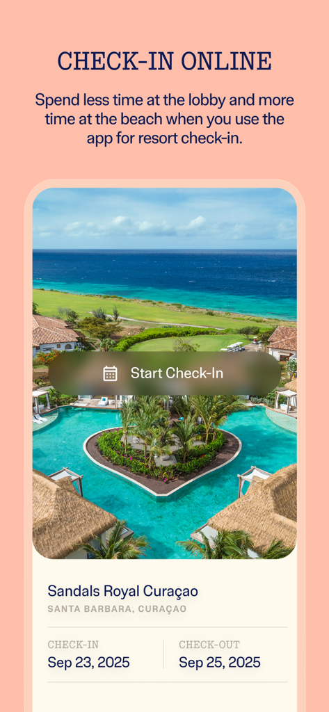 Sandals & Beaches Resorts - Schermata dell'app mobile per Sandals e Beaches Resorts che mostra la funzione di check-in online con uno sfondo di un resort tropicale