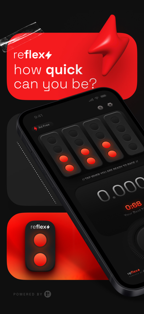 Smartphone screen showing the Reflex Club app interface with racing start lights and reaction time counter.