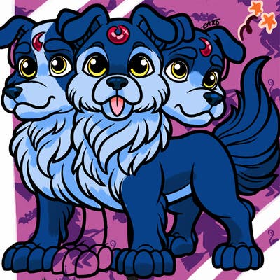 cerberus, three-headed dog, big eyes, full body
