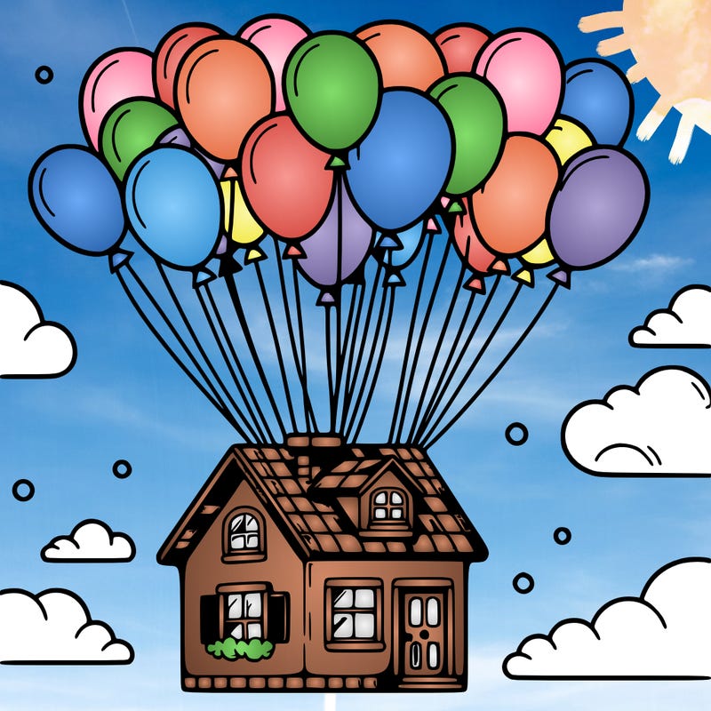 house floating from lots of balloons