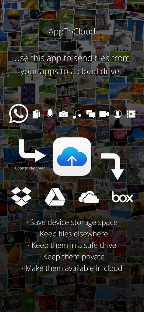 Visual guide for AppToCloud app showing data transfer from apps to cloud storage