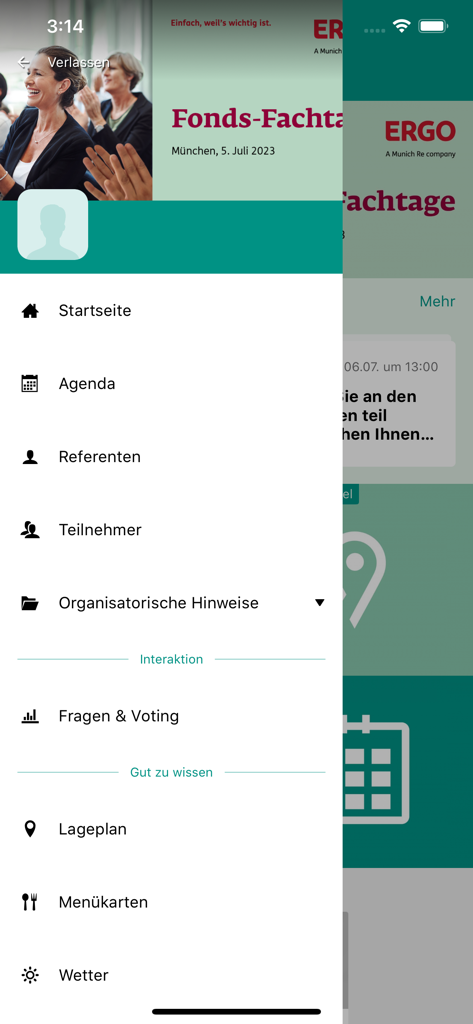 ERGO Events - Navigation sidebar for the ERGO Events app with agenda and speaker options
