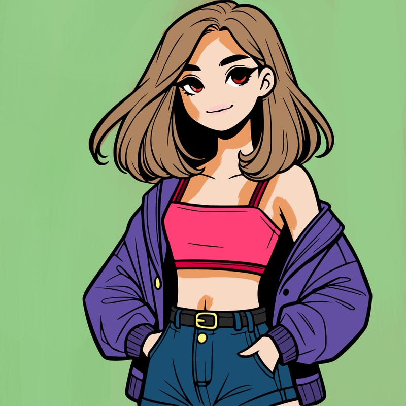 a realistic girl with a crop top and short shorts in an open jacket