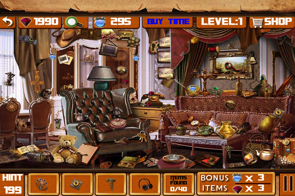 Hidden Objects-Game - Pantalla de juego de Objetos Ocultos-Juego que muestra una habitación desordenada con un sillón de cuero y una lista de objetos para encontrar