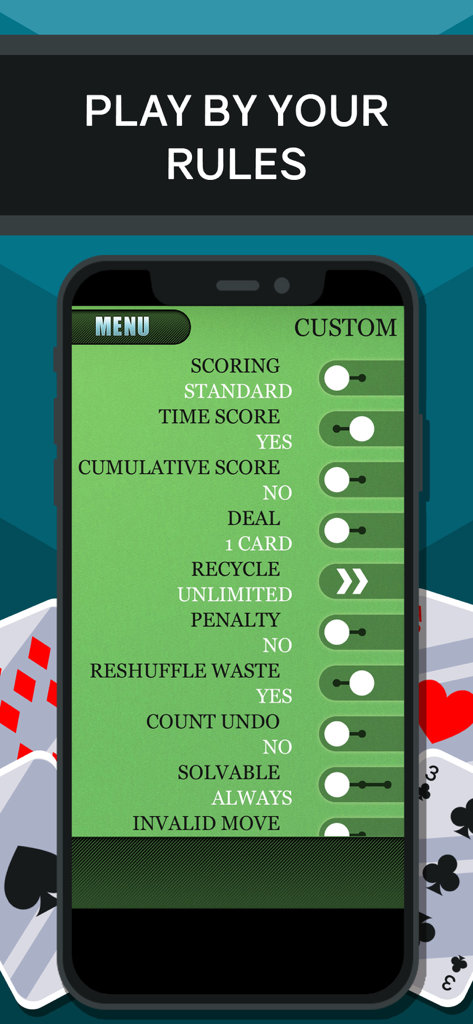 Custom rules settings screen in the Solitaire card game app showing game options
