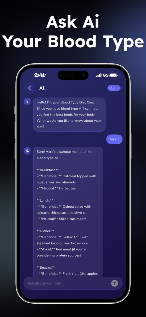 Interface of the Blood Type Diet app AI Coach providing a personalized meal plan with food ratings for blood type A