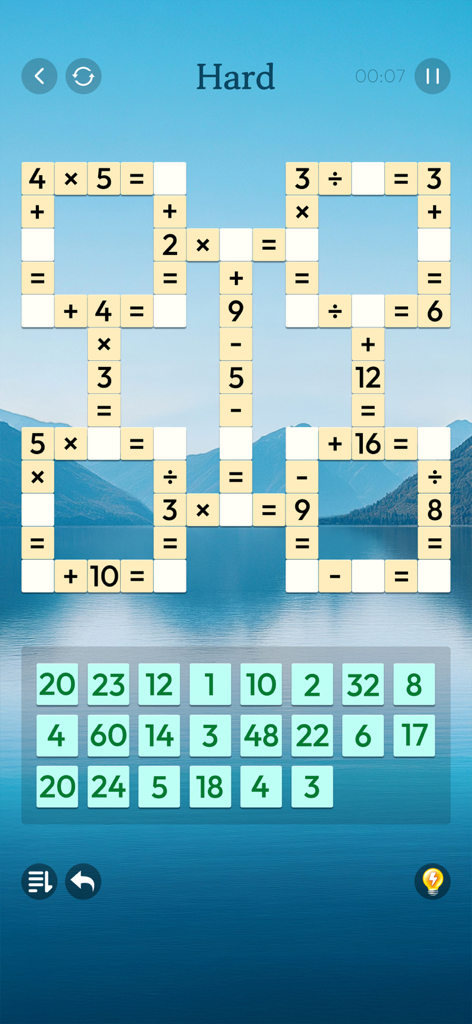 Arcadia Zen Math: Number Games - Math crossword puzzle board with a calming nature background
