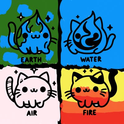 4 cats that represent the different elements, earth, water, air, and fire
