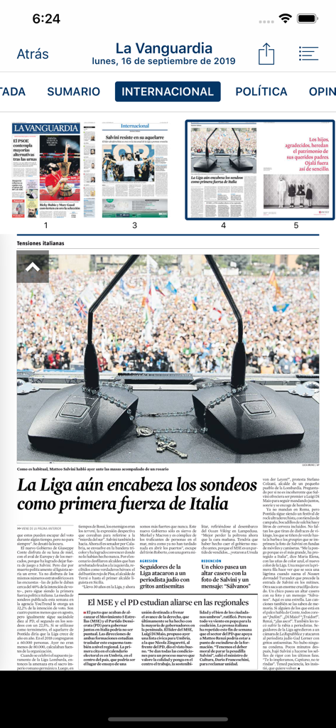 La Vanguardia edición impresa - Réplica digital del periódico La Vanguardia mostrando un artículo de noticias internacionales sobre política italiana en la interfaz de la aplicación móvil.