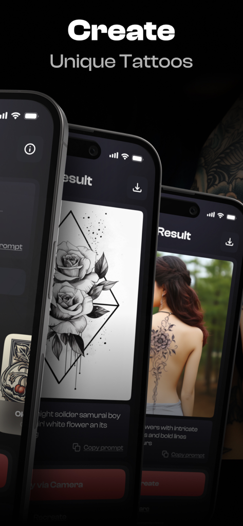 Screenshots of the Tattoo AI Design Generator app interface showing a floral rose design and a virtual on skin try on feature