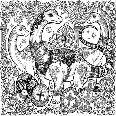 Dive into a world where ancient sauropod dinosaurs celebrate Easter with a dark, enchanting twist. This unique coloring page blends ornate Gothic details, decorated eggs, and charming bunnies for an unforgettable artistic experience.
