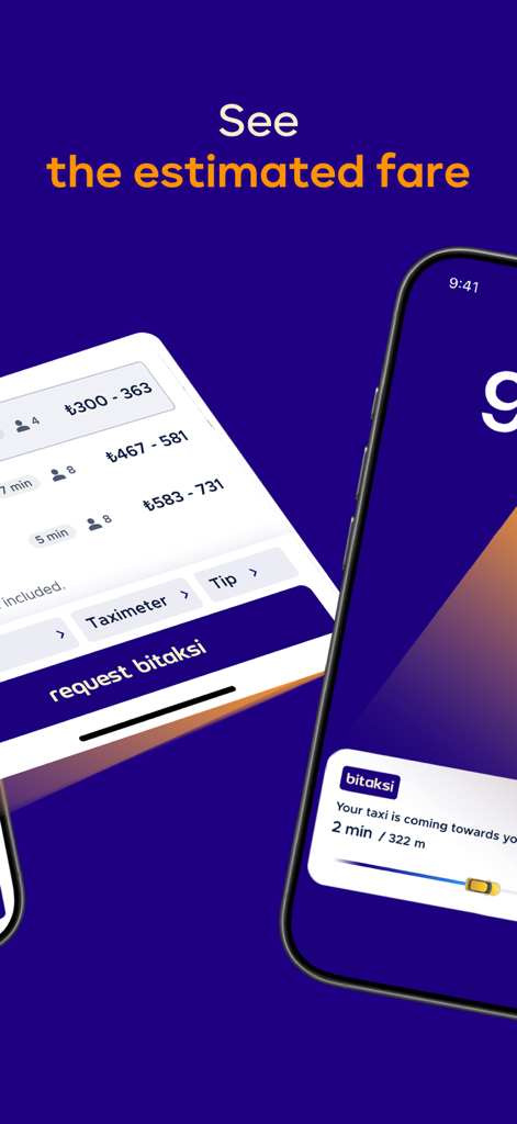 A mobile app interface displaying taxi fare estimates for different vehicle types and a live tracking status of the driver arrival