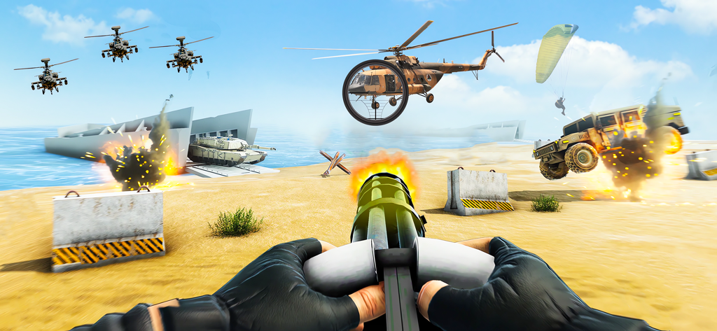 First person view of a heavy machine gun firing in a coastal military battle with helicopters and tanks