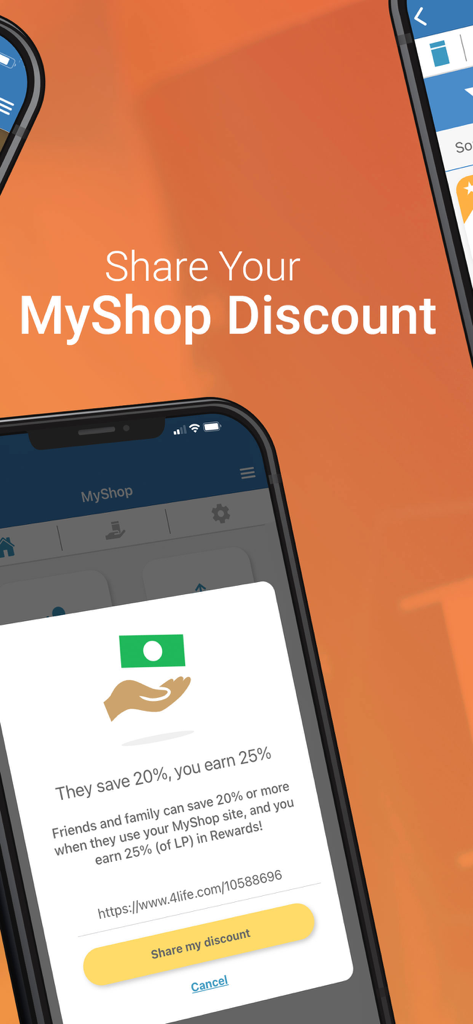 4Life - 4Life 앱 인터페이스에서 MyShop 할인 공유 및 보상 획득 방법을 보여줍니다.