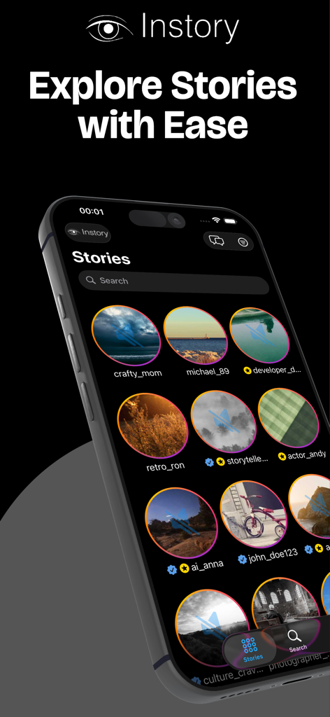 Interface of the Instory app on an iPhone showing a grid of Instagram stories for anonymous viewing