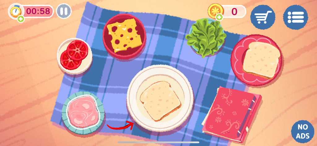 Gameplay screenshot of Sofra Cooking Simulator showing sandwich preparation with ingredients on a blue checkered cloth